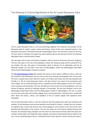 The Historical and Cultural Significance of the Sri Lanka Ramayana Yatra