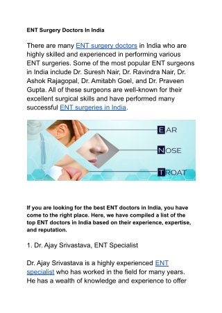 ENT Surgery Doctors In India