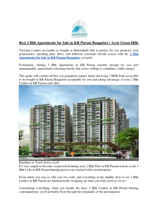 Best 2 Bhk Apartments for Sale in KR Puram Bangalore - Arsis Green Hills