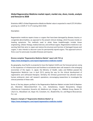 Global Regenerative Medicine market report, market size, share, trends, analysis