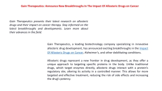 Gain Therapeutics Announce New Breakthroughs In The Impact Of Allosteric Drugs on Cancer