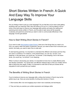 Short Stories Written In French - A Quick And Easy Way To Improve Your Language
