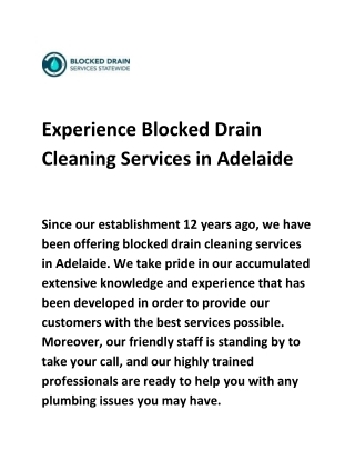 Experience Blocked Drain Cleaning Services in Adelaide