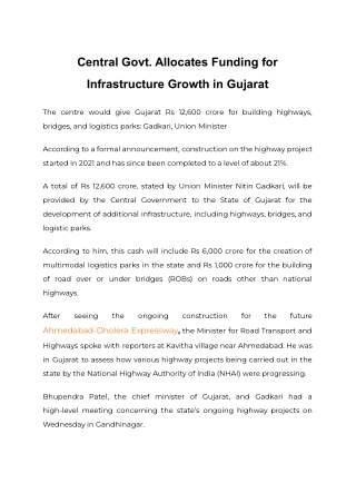 Central Govt. Allocates Funding for Infrastructure Growth in Gujarat
