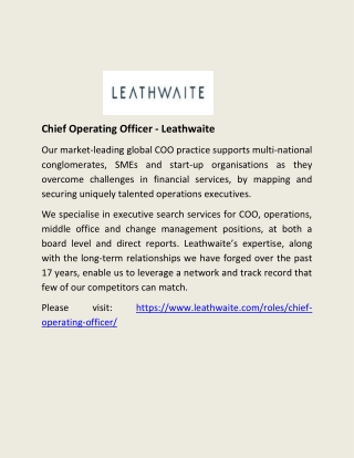 Chief Operating Officer - Leathwaite