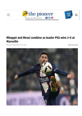 Mbappé and Messi combine as leader PSG wins 3-0 at Marseille