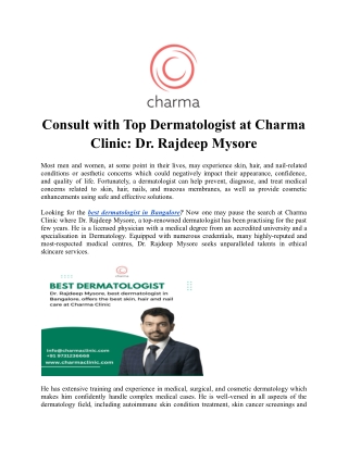 Consult with Best Dermatologist in Bangalore at Charma Clinic