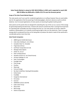 Solar Panels Market Share, Size, Trends, Analysis, Demand | USD 902.55 Bn