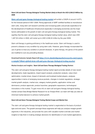 Stem Cell and Gene Therapy Biological Testing Market Likely to Reach the US 4,538.22 Million by 2028