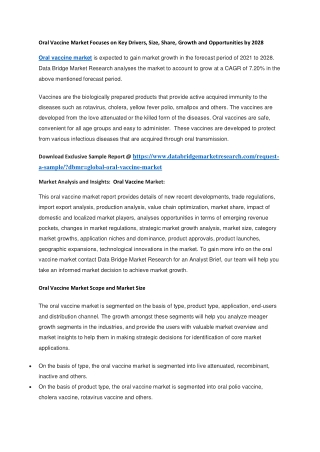 Oral Vaccine Market Focuses on Key Drivers, Size, Share, Growth and Opportunities by 2028