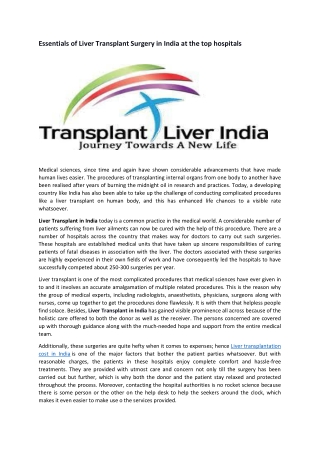 Essentials of Liver Transplant Surgery in India at the top hospitals