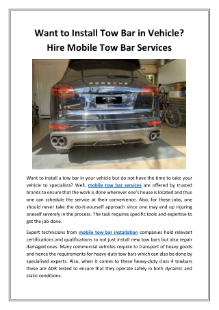 Want to Install Tow Bar in Vehicle Hire Mobile Tow Bar Services