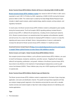 Bruton Tyrosine Kinase (BTK) Inhibitors Market will Grow at a Booming CAGR of 8.00 by 2029