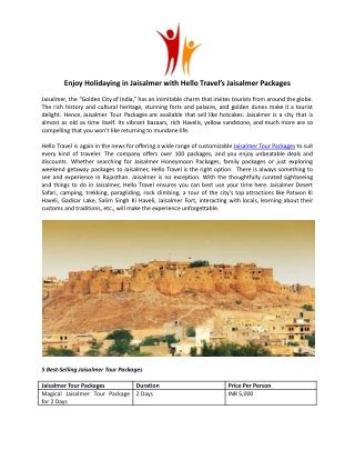 Enjoy Holidaying in Jaisalmer with Hello Travel’s Jaisalmer Packages.docx