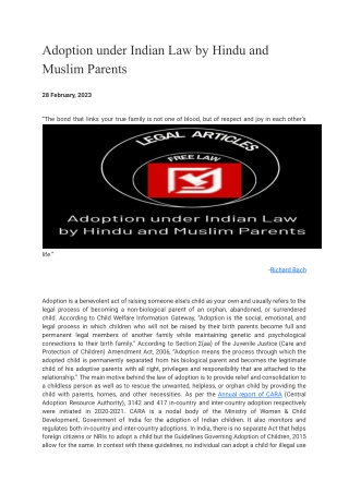 Adoption under Indian Law by Hindu and Muslim Parents