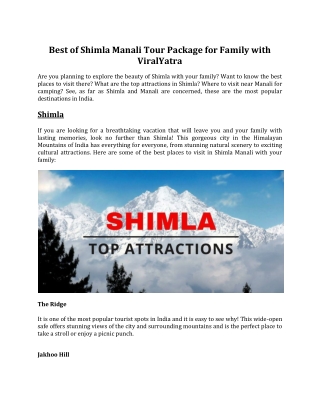 Best of Shimla Manali Tour Package for Family