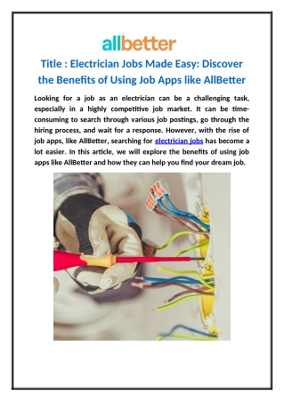 Electrician Jobs Made Easy: Discover the Benefits of Using Job Allbetter Apps