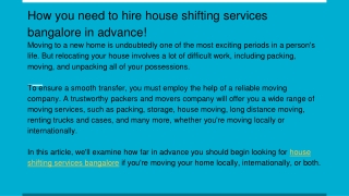 How you need to hire house shifting services bangalore in advance!
