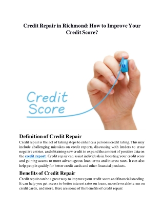 Credit Repair in Richmond How to Improve Your Credit Score