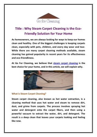 Why Steam Carpet Cleaning is the Eco-Friendly Solution for Your Home