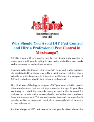 Why Should You Avoid DIY pest control and hire a professional pest control in Mississauga