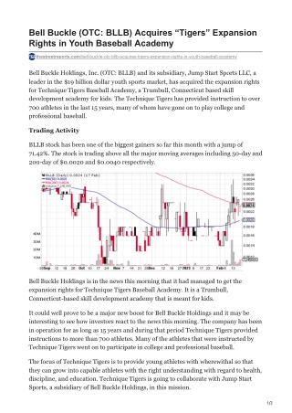 Bell Buckle (OTC- BLLB) Acquires Tigers Expansion Rights in Youth Baseball Academy