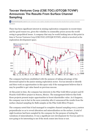 Tocvan Ventures Corp (CSE-TOC) (OTCQB-TCVNF) Announces The Results From Surface Channel Sampling