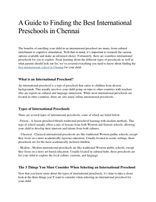 A Guide to Finding the Best International Preschools in Chennai