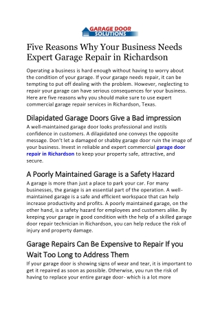 Five Reasons Why Your Business Needs Expert Garage Repair in Richardson
