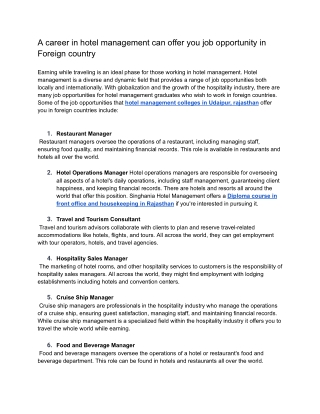A career in hotel management can offer you job opportunity in Foreign country