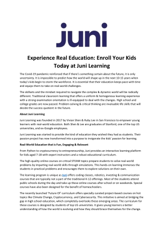 Experience Real Education Enroll Your Kids Today at Juni Learning