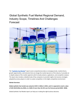 Global Synthetic Fuel Market Regional Demand, Industry Scope