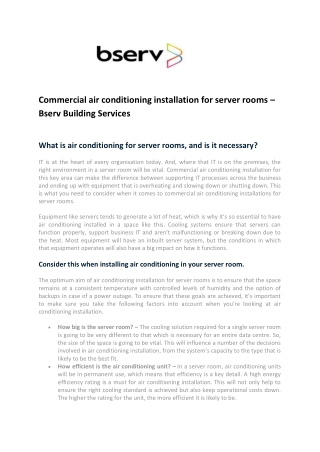 Commercial air conditioning installation for server rooms – Bserv Building Services