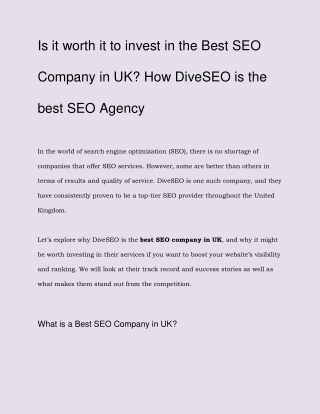 Is it worth it to invest in the Best SEO Company in UK_ How DiveSEO is the best SEO Agency