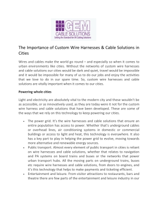 The Importance of Custom Wire Harnesses & Cable Solutions in Cities - Gem Cable Solution