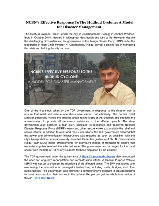 NCBN's Effective Response To The Hudhud Cyclone, A Model for Disaster Management.