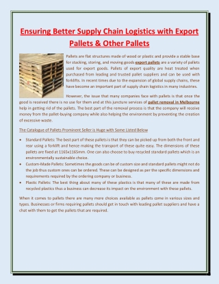 Ensuring Better Supply Chain Logistics with Export Pallets & Other Pallets