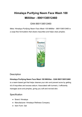 Himalaya Purifying Neem Face Wash 100 Milliliter