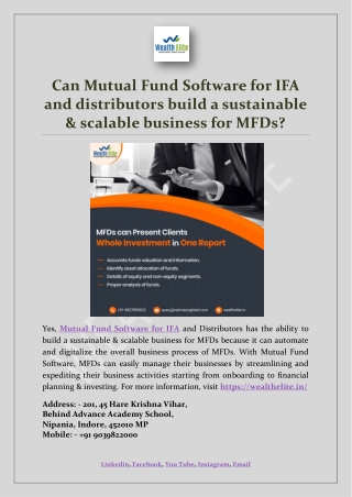 Can Mutual Fund Software for IFA and distributors build a sustainable & scalable business for MFDs