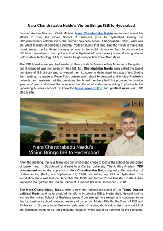 Nara Chandrababu Naidu's Vision Brings ISB to Hyderabad