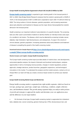 Europe Health Screening Market Augmented to Reach US 141,824.23 Million by 2028