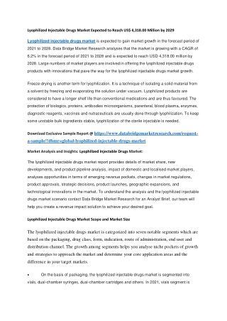 Lyophilized Injectable Drugs Market Expected to Reach US 4,318.00 Million by 2029