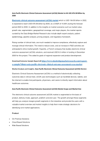 Asia-Pacific Electronic Clinical Outcome Assessment (eCOA) Market to Hit US 676.58 Billion by 2030