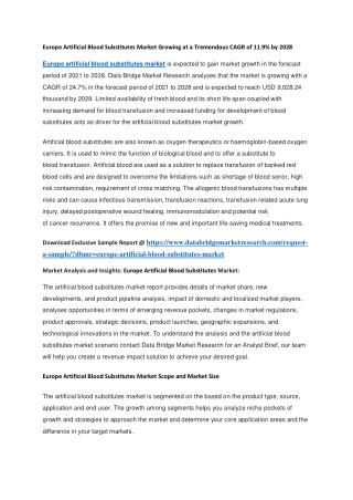 Europe Artificial Blood Substitutes Market Growing at a Tremendous CAGR of 11.9 by 2028