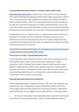 Europe IgA Nephropathy Market Growing at a Tremendous CAGR of 23.42 by 2028