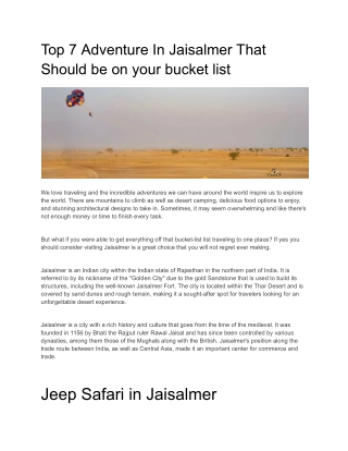 Top 7 Adventure In Jaisalmer That Should be on your bucket list