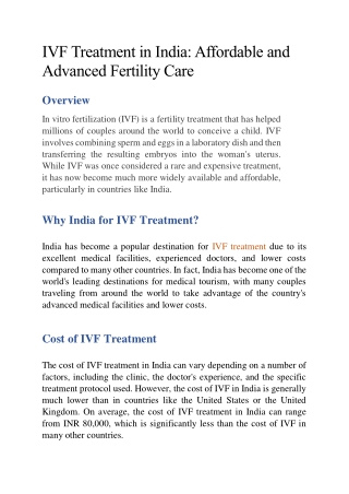 IVF Treatment in India: Affordable and Advanced Fertility Care