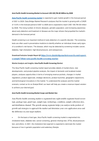 Asia-Pacific Health Screening Market to Account US 109,704.00 Million by 2028