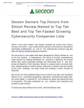 Seceon Garners Top Honors from Silicon Review,Named to Top Ten Best and Top Ten Fastest Growing Cybersecurity Companies