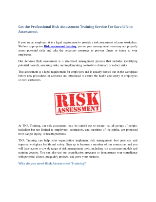 Get the Professional Risk Assessment Training Service For Save Life in Assessment pdf